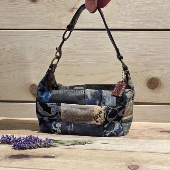 COACH Patchwork Denim Flower Print Accessory Pouch Mini Bag Indigo Canvas RARE - Picture 1 of 16